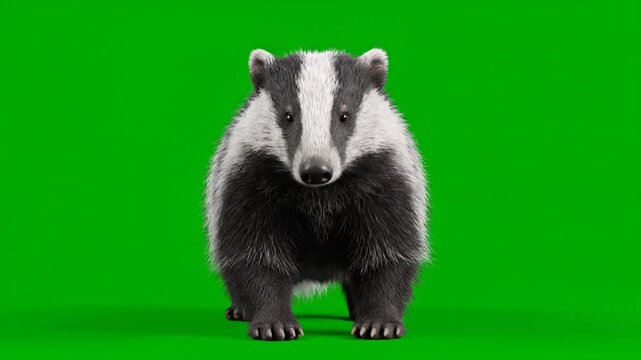 A cute badger stands on a green screen background in a studio setting.