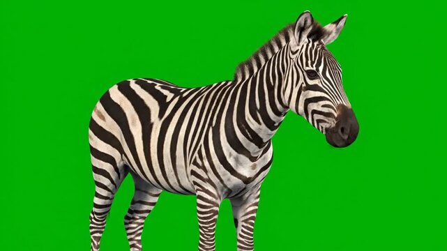 A majestic zebra stands against a vibrant green screen background, showcasing its iconic black and white stripes.