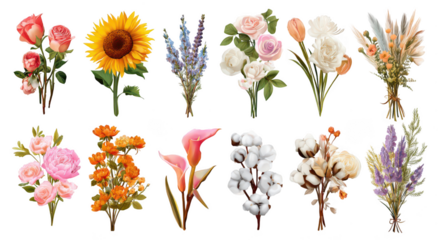set of flower bouquets isolated on a white background