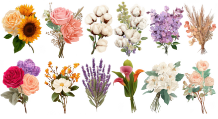 set of flower bouquets isolated on a white background