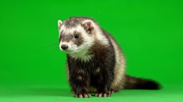 A cute ferret sits patiently on a vibrant green background, looking directly at the camera.