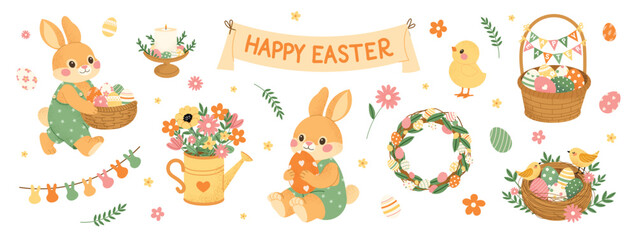 Cute Easter illustration set with bunny characters, eggs, baskets, flowers, wreath and spring decorations. Adorable Easter elements. Flat vector illustration isolated on white background.