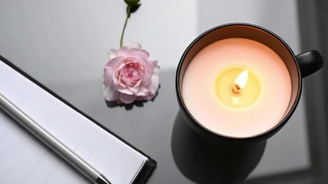 Cozy workspace with lit candle, pink rose, notebook, and pen