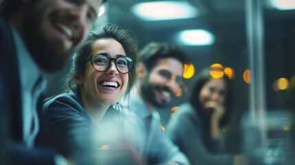 Laughing woman finds candid joy with colleagues during a night meeting with her office team, teamwork atmosphere