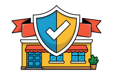 Colorful Cartoon Storefront with Shield and Checkmark Protection Symbol