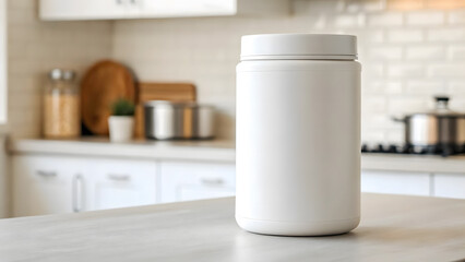 White supplement container mockup on kitchen countertop with modern appliances and wooden cutting board behind