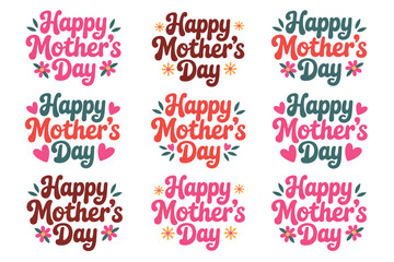 Colorful Happy Mother's Day Stickers with Hearts and Flowers in Pink, Green, and Red