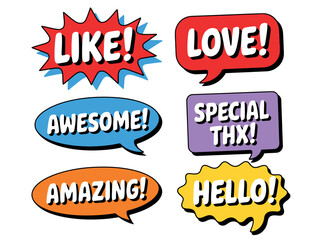 Colorful Comic Speech Bubbles with Positive Words and Expressions