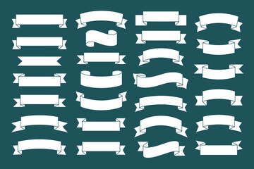 White ribbons and banners on teal background for labels and signs