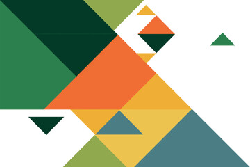 Geometric shapes in green, orange, yellow, and blue colors on white background