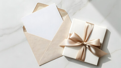 Elegant gift box with ribbon and blank card in envelope on marble surface