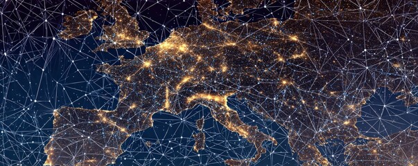 A digital map of Europe illuminated at night, showcasing interconnected lines representing networks or connections across cities.