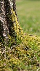 Fototapeta premium Close Up Of Tree Trunk With Green Moss And Grass Growing Around The Base