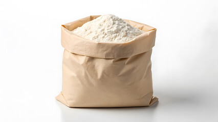 Brown paper bag filled with white flour on a clean white background for culinary use