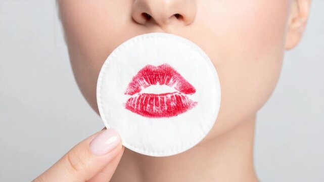 Woman holding cotton pad with red lipstick kiss mark on it
