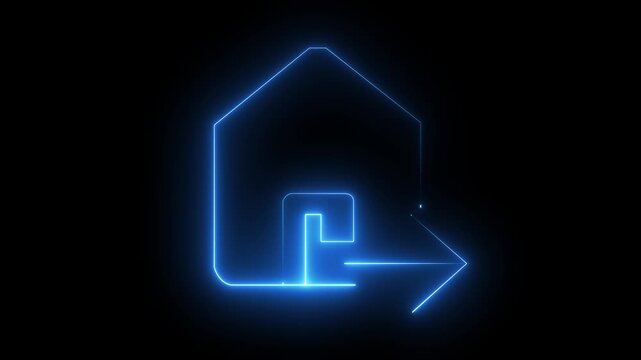 Glowing neon line house icon with animated arrow on a dark background, symbolizing real estate direction, home navigation, property growth, relocation, mortgage, and housing market trends. This modern