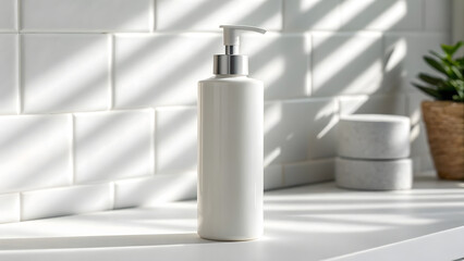White pump bottle mockup on countertop with sunlight and shadows in modern bathroom setting