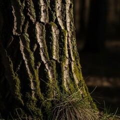Close Up Texture Of Ancient Tree Bark With Moss Growth In Forest Setting