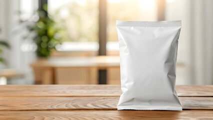 Blank white packaging bag mockup on wooden table in bright indoor setting with natural light