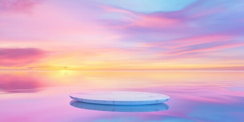 Pastel sunset sky with clouds reflecting on calm sea surface, empty marble platform in foreground. Dreamy minimal background scene. Product presentation mockup