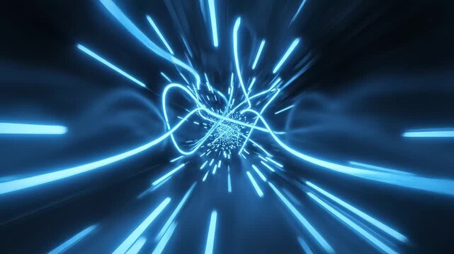 Dynamic blue light streaks create a mesmerizing tunnel effect, showcasing rapid motion and energy flow, as the camera moves deeper into the vibrant digital space