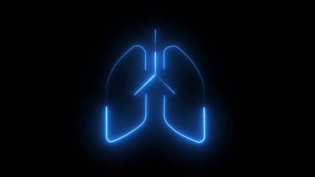 Neon animated lungs icon in clean glowing line style representing the human respiratory system. Smooth breathing motion animation symbolizes airflow, oxygen exchange, and lung function.