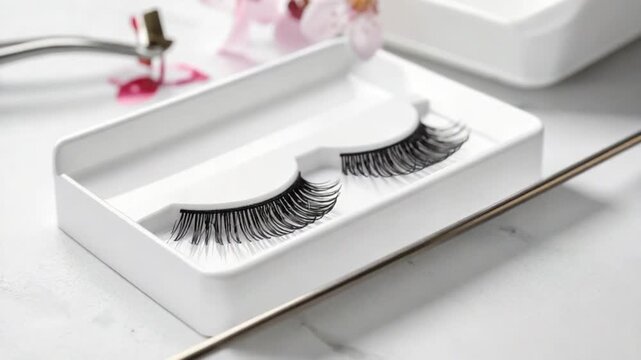 False eyelashes in white tray with beauty tools for makeup application