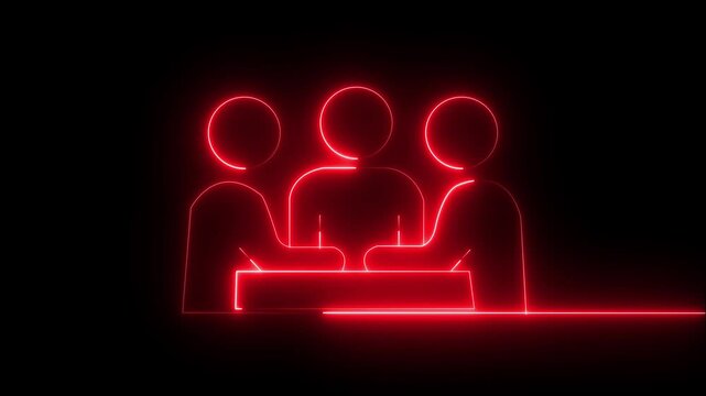 Neon cooperation line animation featuring multiple human heads shaking and moving together, symbolizing teamwork, collaboration, brainstorming, communication, and shared ideas. Glowing neon line