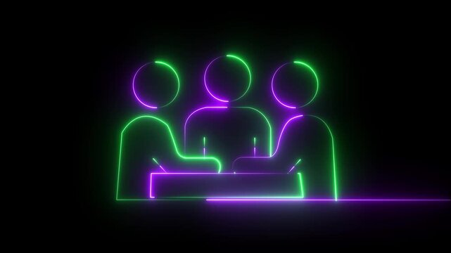 Neon cooperation line animation featuring multiple human heads shaking and moving together, symbolizing teamwork, collaboration, brainstorming, communication, and shared ideas. Glowing neon line