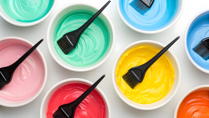 Colorful bowls of hair dye with brushes arranged in a grid pattern on a white background