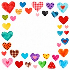 Colorful child-style collage of vibrant hand-painted watercolor hearts arranged in a decorative border on white background with rectangular copy space  