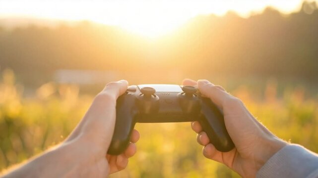 Hands holding a video game controller outdoors at golden hour sunset