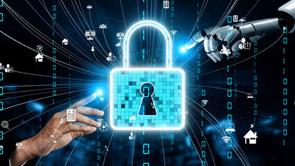 This image illustrates a digital security concept featuring a glowing padlock, a robotic hand, and various data connections, symbolizing modern cyber security measures and protection. Xenic