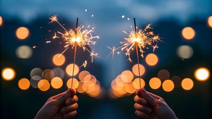 Hands holding sparklers with glowing bokeh lights in the background during evening celebration