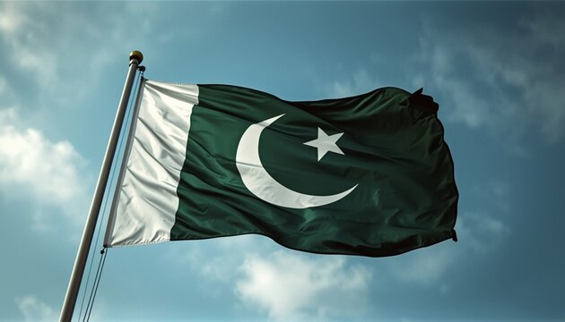 The Pakistani flag waving in the wind against a blue sky
