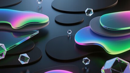 Abstract 3D Composition with Iridescent Shapes and Floating Crystal Polyhedrons on Matte Black
