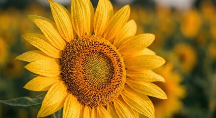 Obraz premium Close-up macro of a blooming sunflower head with yellow petals and pollen