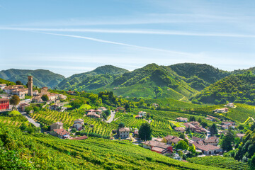 Fototapeta premium Santo Stefano di Valdobbiadene Village in Prosecco Hills Vineyards, Italy