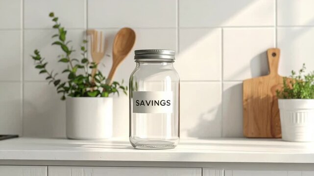 Empty glass savings jar on a modern kitchen counter for financial planning