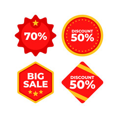 Four red retail sale stickers with different discount percentages.