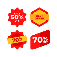 Four graphic promotional sale stickers and discount labels.