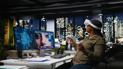 Black woman using VR glasses and neural networks to edit photos, retouching content and generating materials with machine learning and AI tools. Turning text to image with virtual reality. Camera A.