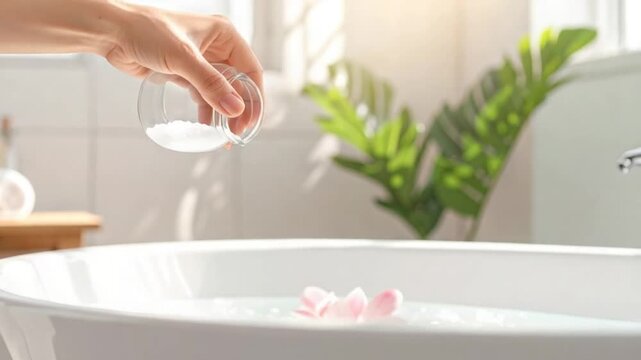 Hand pouring bath salts into a white bathtub with flower petals