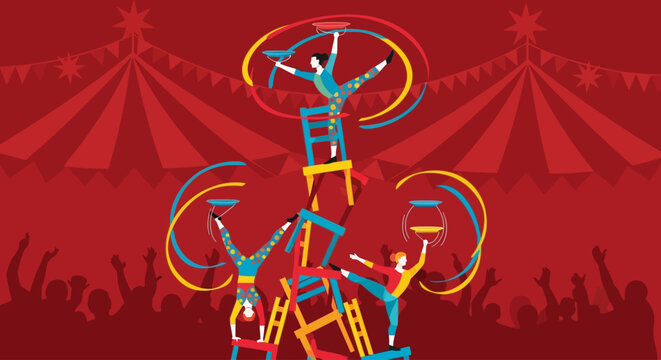 Vibrant circus performers balancing on a tall ladder under a festive tent, showcasing acrobatic skills and teamwork in a thrilling spectacle
