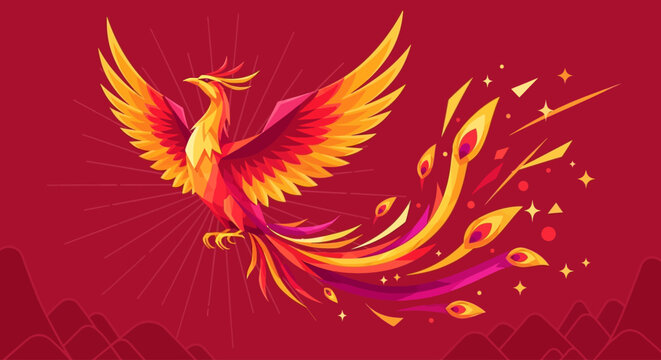 Vibrant phoenix rising with fiery wings spread wide, surrounded by flames in a dramatic red landscape illustration