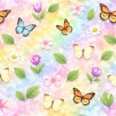 Seamless spring pattern with butterflies flowers and leaves