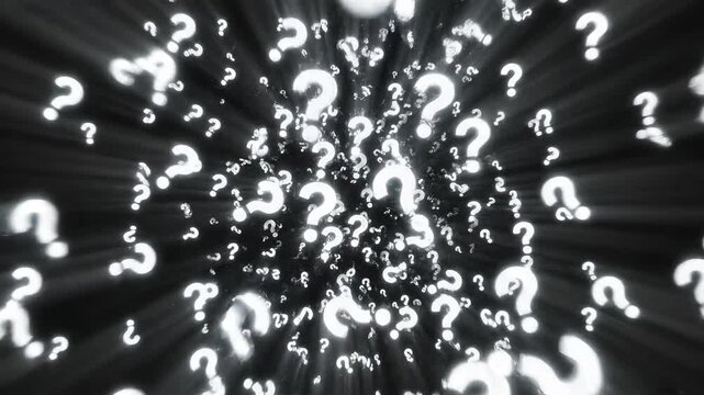 Dynamic visual sequence of floating question marks expanding outward against a dark background, creating a sense of movement and curiosity in a captivating display of uncertainty