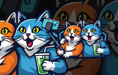 Obraz premium Colorful Cat Crew Taking a Vibrant Selfie, Expressing Friendship and Modern Social Media Trends Vector Art