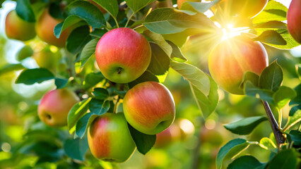Fresh red and green apples hanging on tree branches with sunlight filtering through leaves