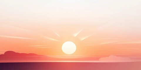 Sunrise with glowing sun above horizon and soft clouds in pastel sky. Calm and peaceful morning landscape scene with warm light and atmospheric tones.